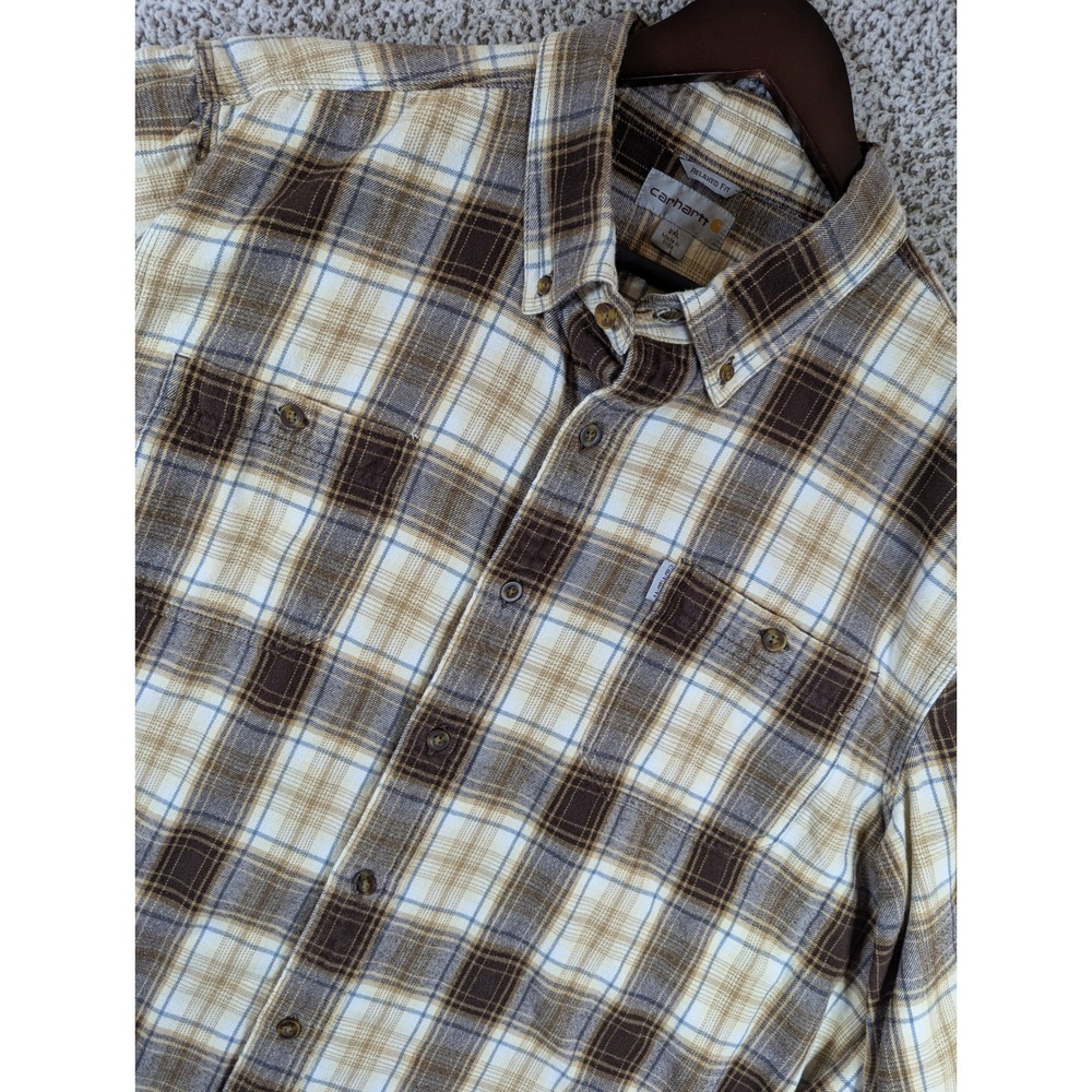 Carhartt Flannel Shirt Relaxed Fit Brown‎ Plaid Button Up Long Sleeve 2XL